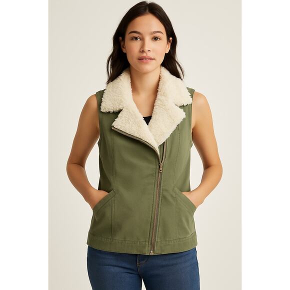 Sanctuary Olive Green Faux Shearling Collar Vest Size Small - Picture 1 of 6